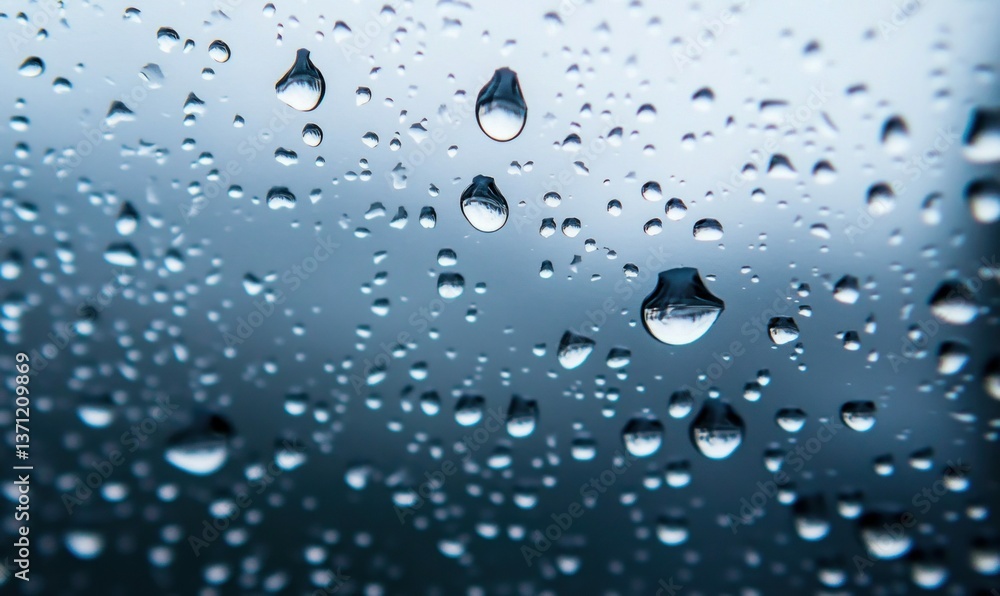 Poster raindrops on a glass pane create an abstract pattern on a grey day, perfect for backgrounds.