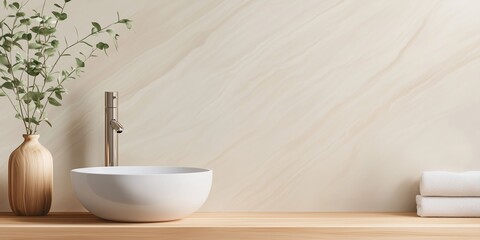 Fototapeta premium A white sink with a vase of green leaves next to it. The sink is in a bathroom with a wooden counter