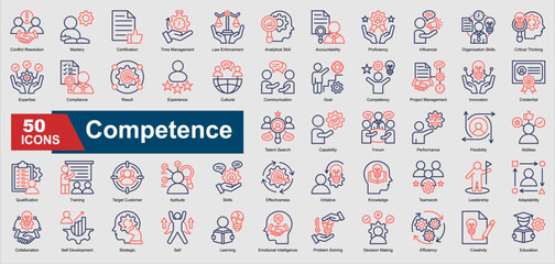 A collection set of colored outline Competence icons. Includes expertise, proficiency, leadership, problem solving, training, and more. Perfect for illustration and design.