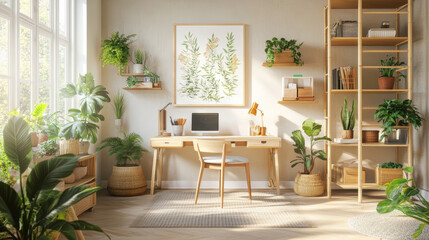 Stylish scandinavian home interior of open space, with a lot of plants, design accessories, bamboo shelf, wooden desk and hanging mock up forest drawings . Natural concept of home decor. Sunny room.