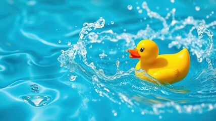 Bright yellow rubber duck splashes in clear blue water creating cheerful ripples at a sunny pool