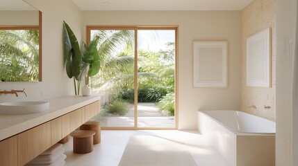 Fototapeta premium A bathroom with a large window and a potted plant. The bathroom is clean and well-lit, with a white bathtub and a sink. The potted plant adds a touch of greenery to the space, creating a relaxing