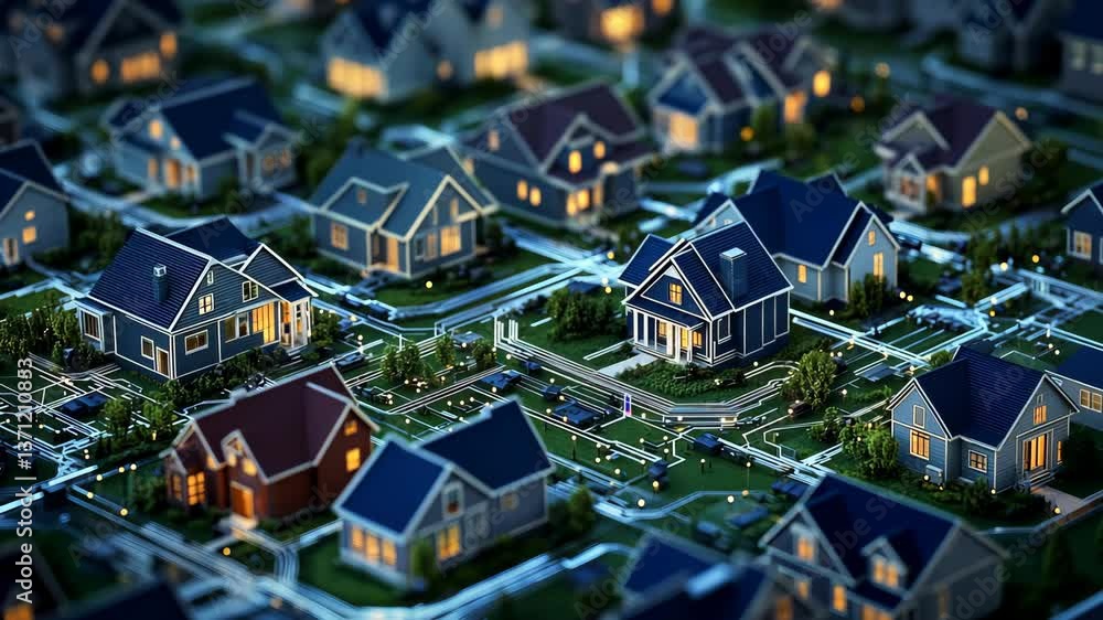 Aufkleber an abstract digital representation showing a network of miniature houses interconnected by electroni