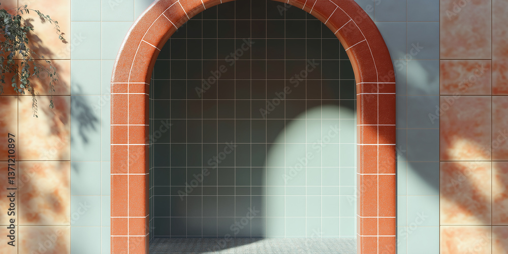 Poster empty archway displaying light green tiled wall with sunlight casting shadows