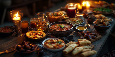 Iftar meal on a wooden table, traditional Middle Eastern dishes like dates, lentil soup, samosas, fresh bread, tea, and juice, warm candlelight, cozy family atmosphere, Ramadan celebration