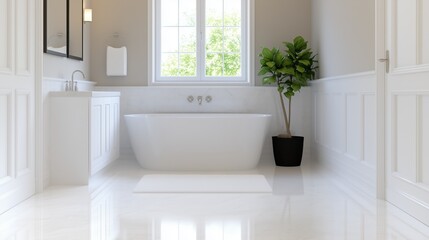 A bathroom with a white bathtub and a potted plant. The bathroom is clean and well-maintained