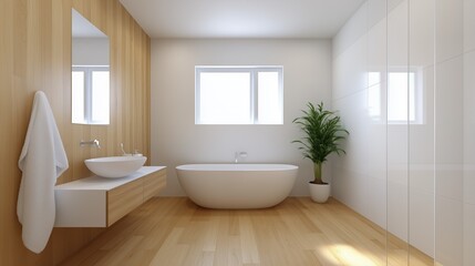A bathroom with a white tub and a potted plant. The bathroom is clean and well-lit, with a wooden floor and a white wall. The potted plant adds a touch of greenery to the space