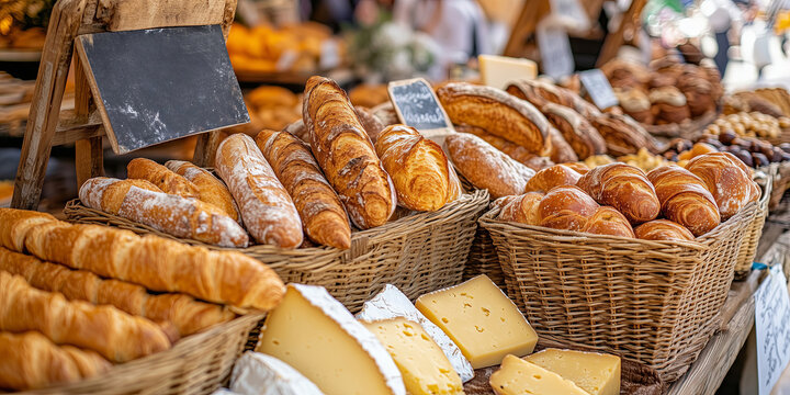 A beautiful display of fresh French baguettes, croissants, and artisanal bread in rustic wooden basket on local farmer market or in Parisian bakery