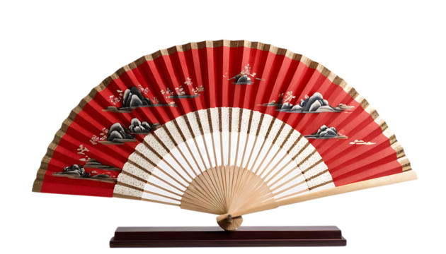  Red oriental paper fan shown in an open display with png