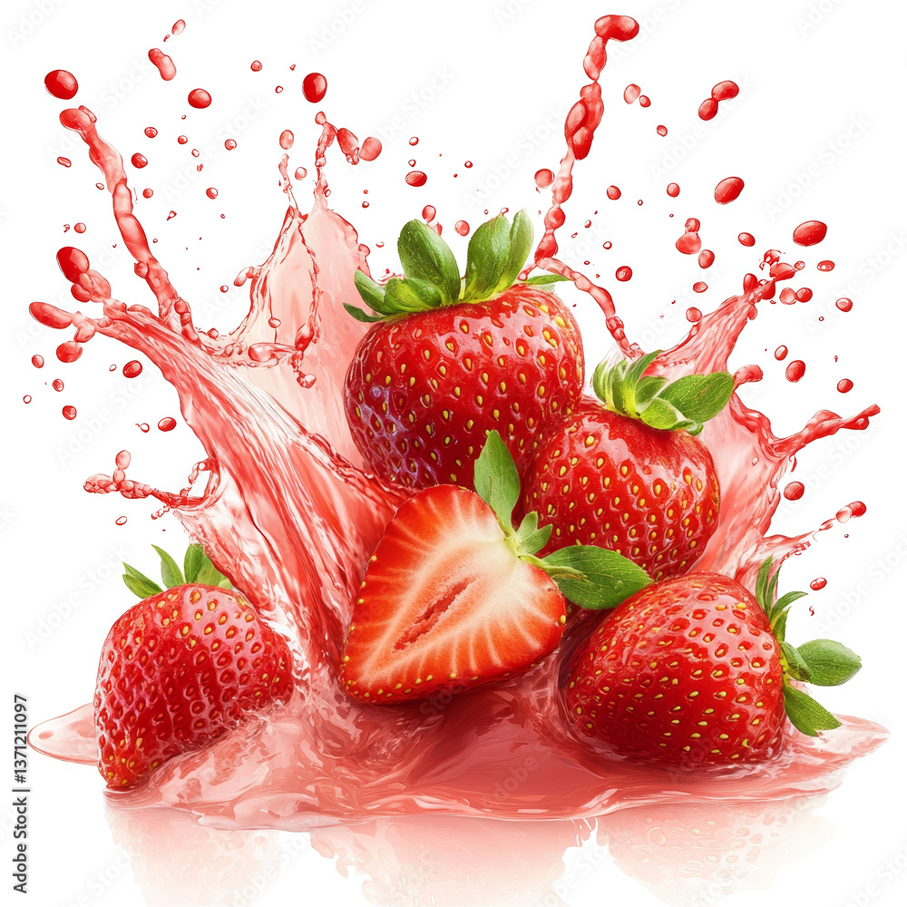 Poster refreshing strawberry juice splashes into a cluster of ripe strawberries creating a vibrant scene of