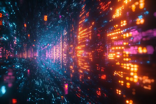 Futuristic symbols and codes floating in a dark space, glowing with a bright, neon light as they form complex patterns in the air