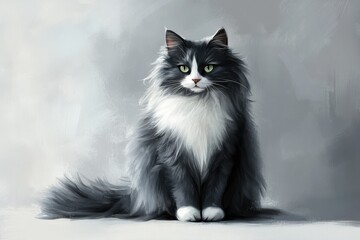 Fototapeta premium Portrait of a fluffy black and white cat sitting and looking ahead