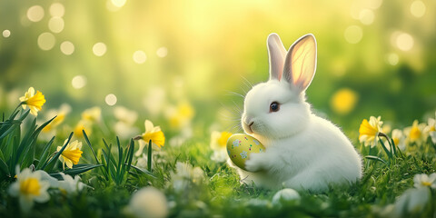 Fototapeta premium Cute fluffy bunny in green grass with colorful Easter eggs during the Egg hunt