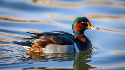 Colorful duck swimming gracefully in serene lake waters under soft sunlight