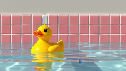 Yellow rubber duck floating in a swimming pool with pink tiles on a sunny day