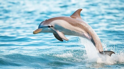 Obraz premium A playful dolphin leaping gracefully out of the water. Ocean waves surround the energetic marine mammal. Stunning wildlife scene.