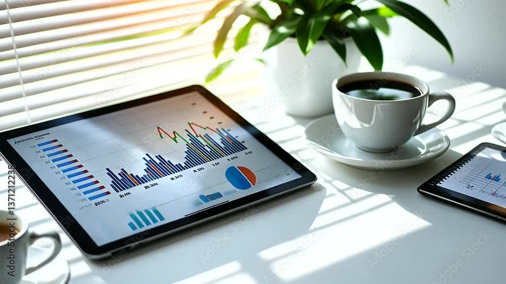 Poster a clean, white workspace with a modern digital tablet displaying a colorful upward curve graph, soft