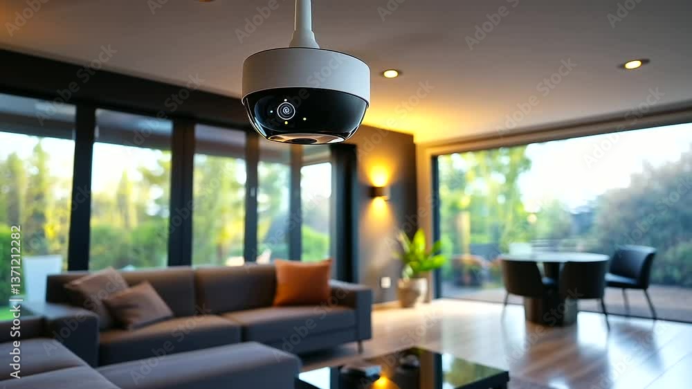 Poster a close-up of a discreet ceiling-mounted camera in a modern living space, motion detection sensors s