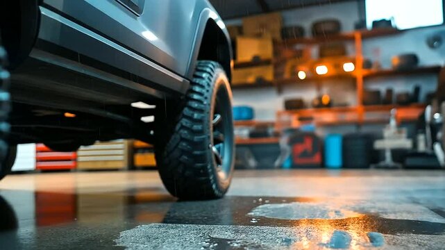 A close-up of a rugged off-road tire with aggressive treads, sidewalls showing tire brand logos, and a workbench full of tire repair tools in the background, warm workshop lighting