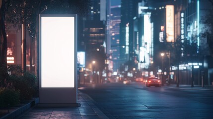 An empty billboard on city street. A city with buildings and a billboard on the street. A mock summer road poster up night. A vacant billboard on lifestyle an urban road.