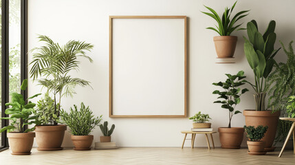 The stylish room filled with a lot of modern plants in different clay pots. Modern composition of home garden with mock up poster frame.
