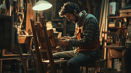 A skilled woodworker carving a wooden chair by hand, using traditional tools, in cozy artisan workshop