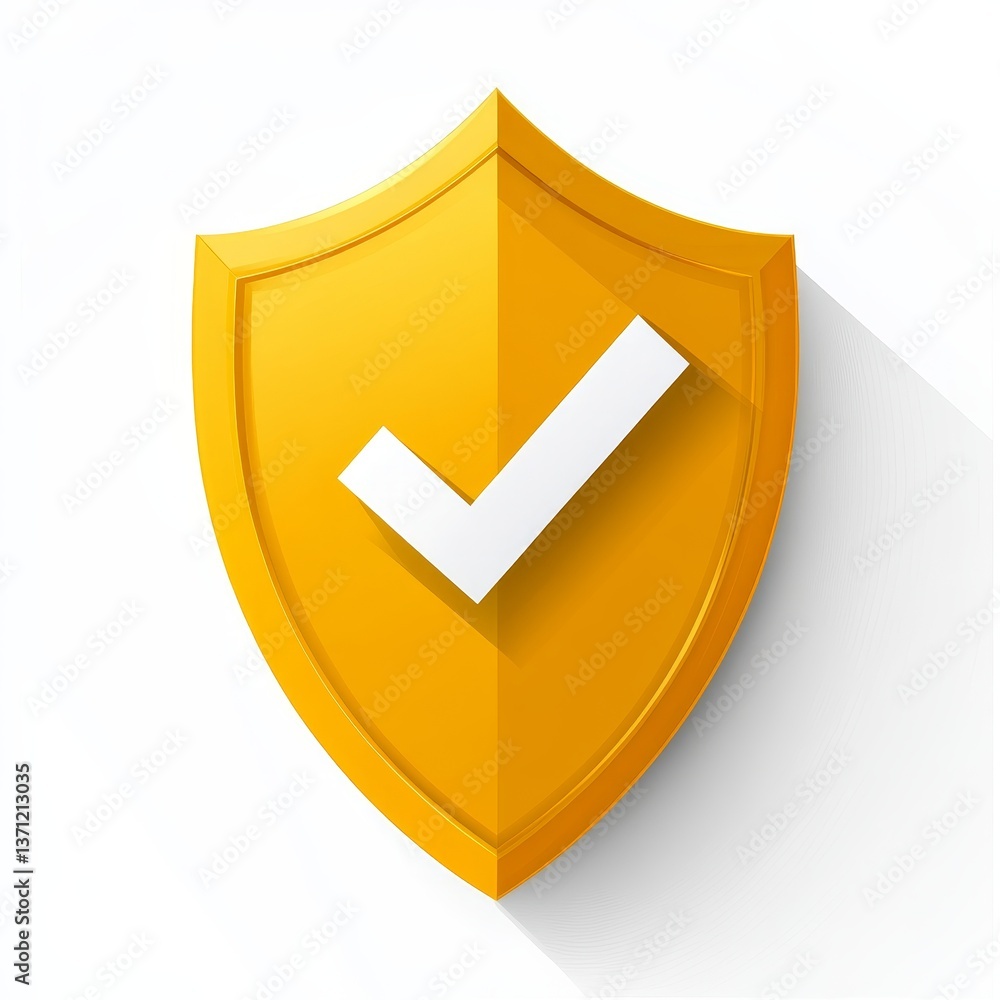Poster flat design yellow shield icon with checkmark on white background in simple style and colors