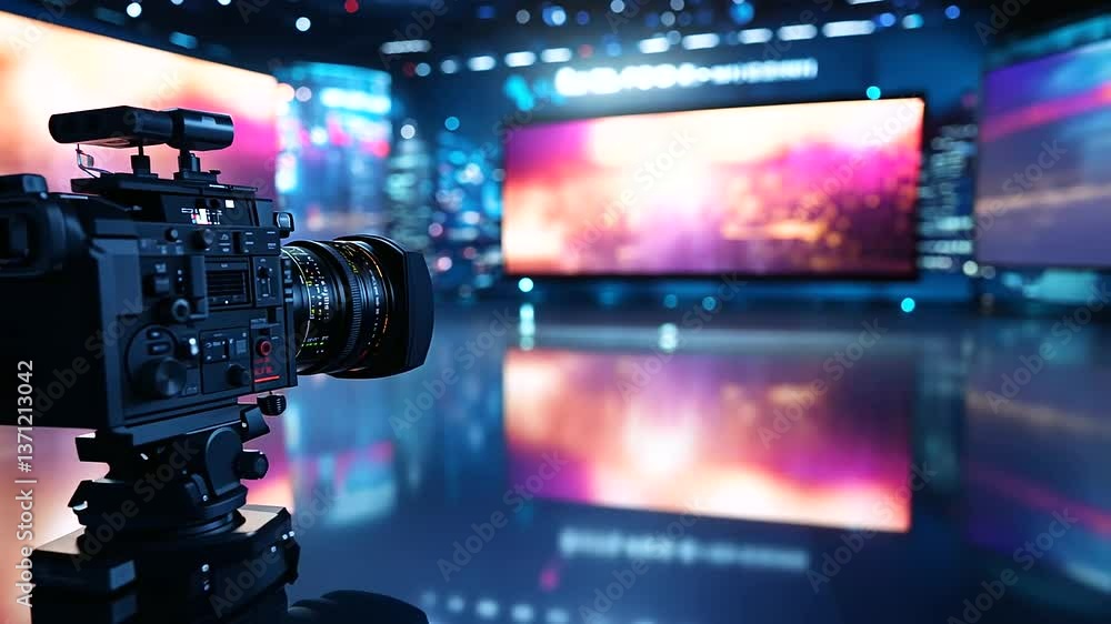 Poster a conceptual tv studio with panoramic virtual sets and motion-tracked cameras recording a documentar