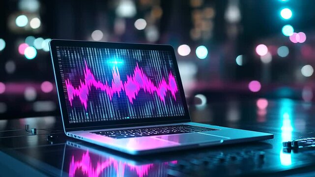 A DJ booth scene with a laptop displaying symmetrical sound waves pulsing rhythmically, deep blue and pink colors illuminating the screen while the background fades into darkness