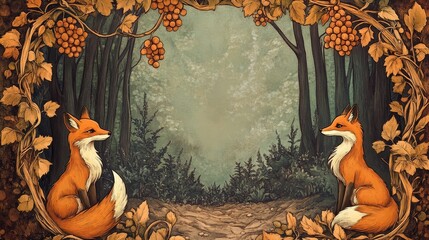 Foxes sit amidst grapes and forest backdrop.