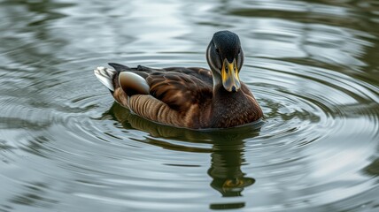 Mallard duck swimming in calm water with ripples during a tranquil afternoon
