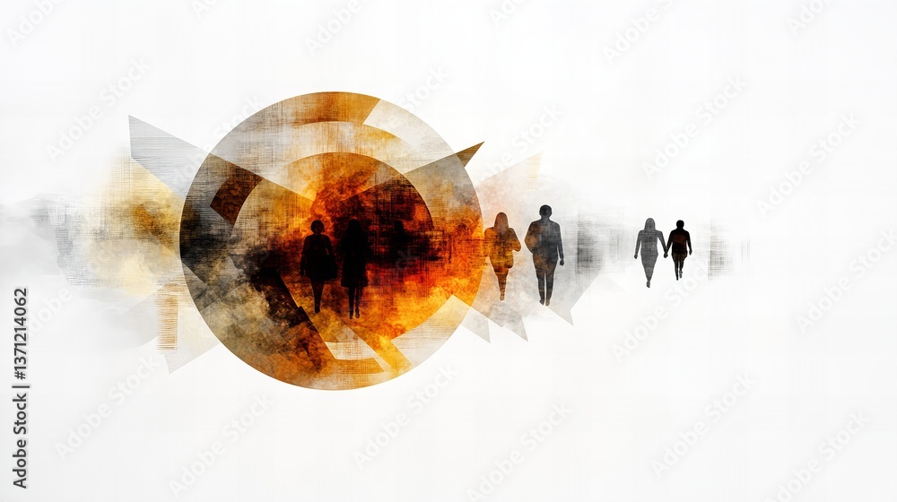 Poster silhouetted figures walk across a white background with geometric shapes and warm textures behind th