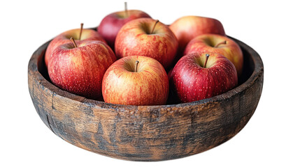 Apples neatly arranged in a wooden barrel on a white background