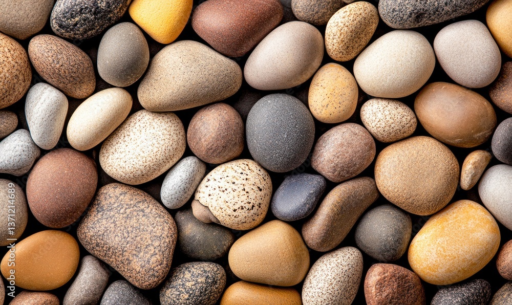 Poster an array of smooth river rocks in earthy hues creates a naturally textured background.
