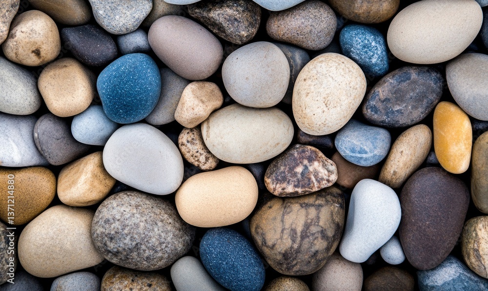 Poster an overhead view of smooth beach stones creating a textured natural pattern in neutral and blue tone