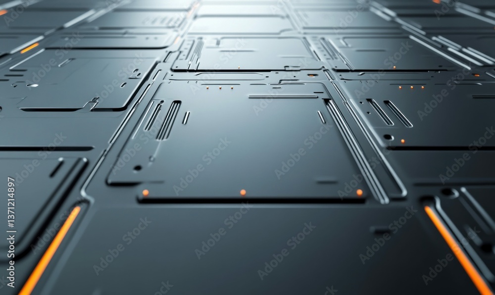 Poster detailed close-up of a metallic surface with intricate, circuit-like patterns and glowing accents.