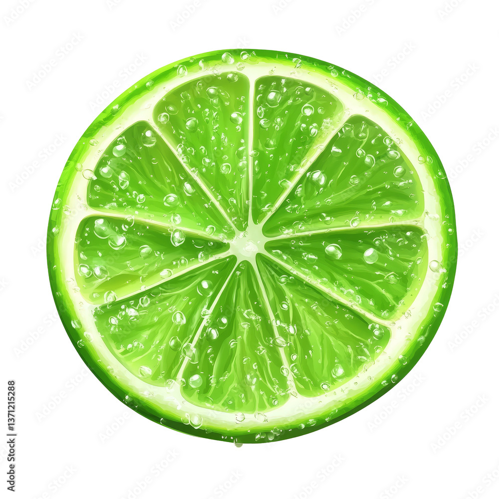 Poster juicy slice of lime with droplets on a bright transparent background ready for culinary use or refre