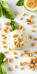 Pistachio ice cream scoop surrounded by fresh basil leaves and roasted pistachios on a white background