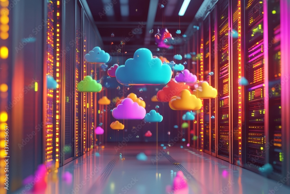 Poster vibrant 3d cloud storage concept featuring glowing icons above a server rack in a data center
