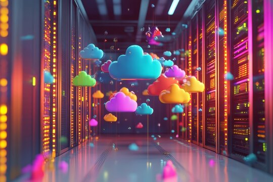 Vibrant 3d cloud storage concept featuring glowing icons above a server rack in a data center
