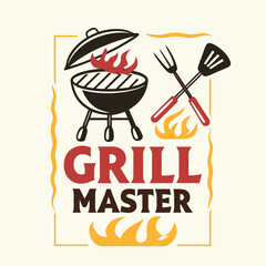 Grill Master: Barbecue Grill, Spatula, Fork, Flames, Vintage Design