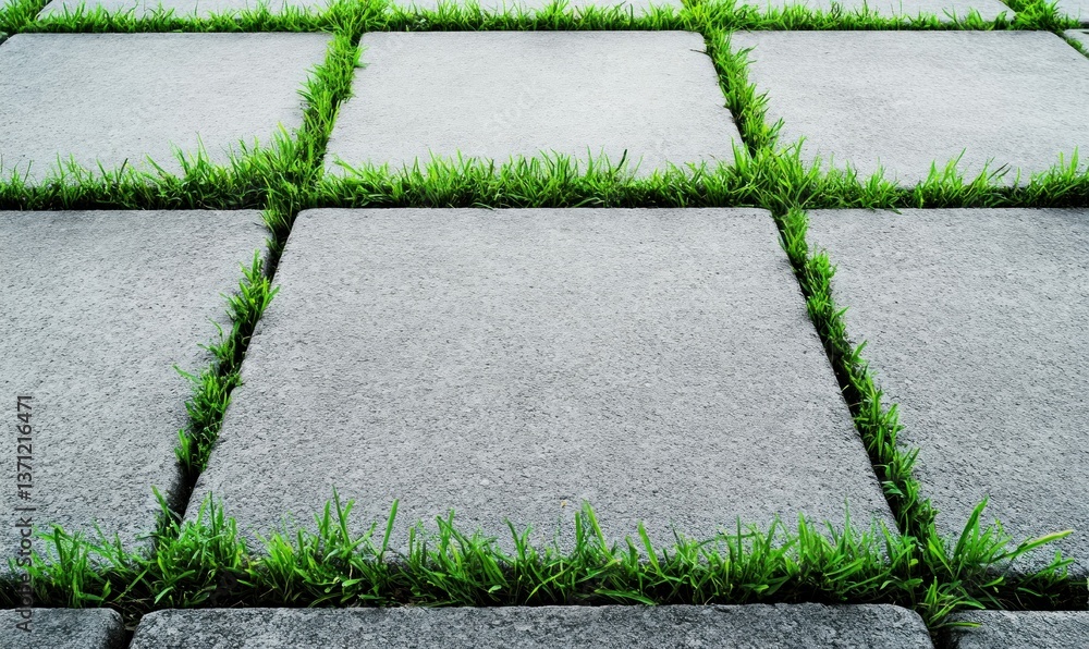 Poster square gray pavers with vibrant green grass growing between them create a unique pattern.