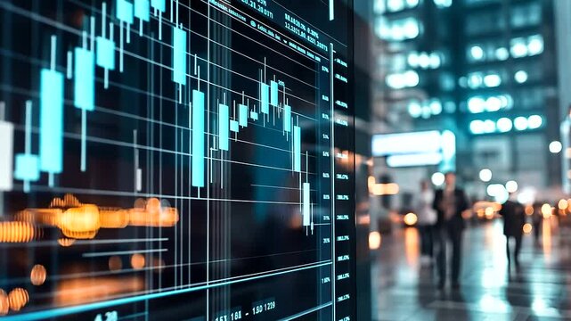 A digital currency chart displayed on a large transparent screen, rising value trend highlighted in bright blue, traders analyzing the data in a modern glass-walled financial cente