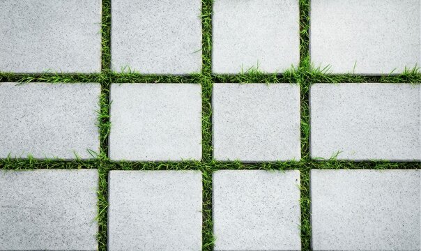 Gray paving stones with fresh green grass create a natural and textured grid pattern.