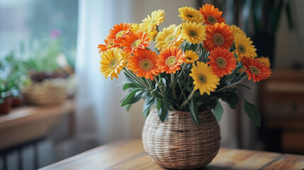 A cheerful arrangement of orange and yellow gerberas in a wooden vase on a rattan-front sideboard. Bright and bold, yet elegant.