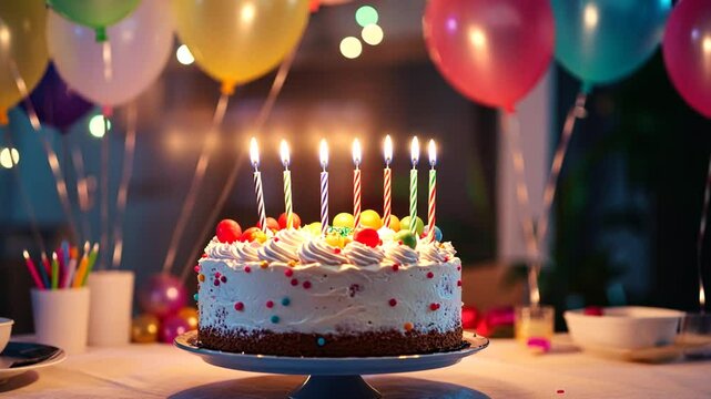 Festive birthday cake with burning candles amidst colorful balloons and soft party lights