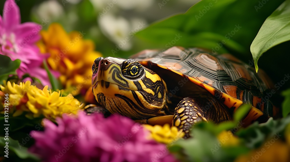 Poster small turtle rests among colorful flowers and green leaves, displaying its patterned shell and disti