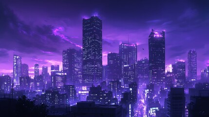 Fototapeta premium Animated glowing city skyline under purple night sky with lights picture