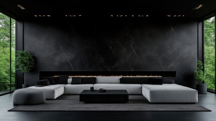Modern minimalist living room with dark tones and large windows overlooking a garden