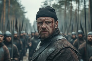Heroic leader stands before his soldiers in a forest clearing, reflecting on the coming battle.
